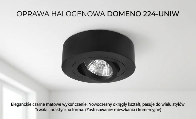 PÓŁTUBA OPRAWA HALOGENOWA CZARNA GU10 Domeno 224-uniw – czarna matowa oprawa na jasnym tle, widoczne detale wykończenia.