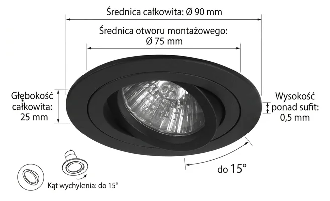 Czarna okrągła oprawa halogenowa Domeno MINI TUBA 226-uniw, widok produktowy z wymiarami: średnica 90 mm, wysokość ponad sufit 0,50 mm, na białym tle
