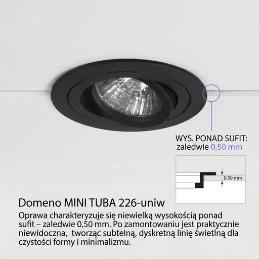 Czarna oprawa halogenowa Domeno MINI TUBA 226-uniw zamontowana niemal równo z sufitem, cecha: niska wysokość