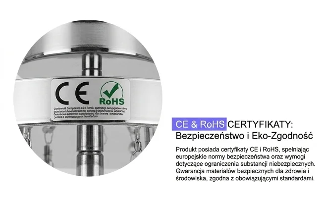 Certyfikaty CE i RoHS na lampie Domeno 509-uniw, zbliżenie na oznaczenia, zdjęcie produktowe.