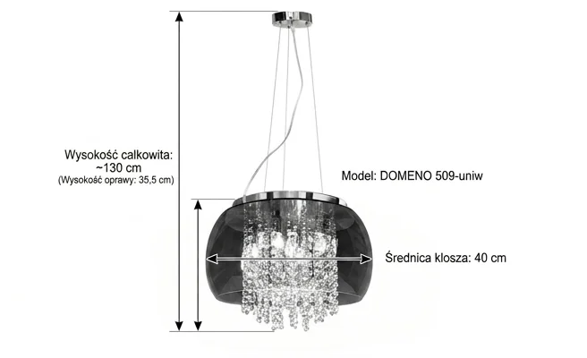 Lampa wisząca Domeno 509-uniw, szklany przydymiony klosz z drobnymi koralikami, srebrny kolor, widoczne wymiary 40x32x48 cm, zdjęcie produktowe na białym tle.