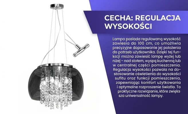 Regulowana wysokość zawiesia lampy Domeno 509-uniw, widoczne kable i mocowanie, zdjęcie produktowe.