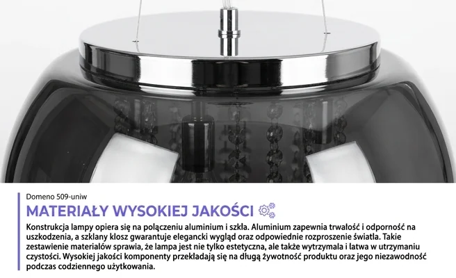 Solidne materiały aluminium i szkło w lampie Domeno 509-uniw, zbliżenie na fakturę, zdjęcie produktowe.