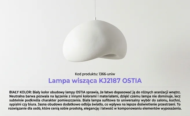 Biała lampa wisząca KJ2187 OSTIA 1366-uniw na tle jasnej ściany, zdjęcie produktowe
