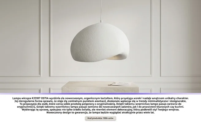 Nowoczesny, organiczny kształt lampy wiszącej KJ2187 OSTIA 1366-uniw, biała, zdjęcie produktowe