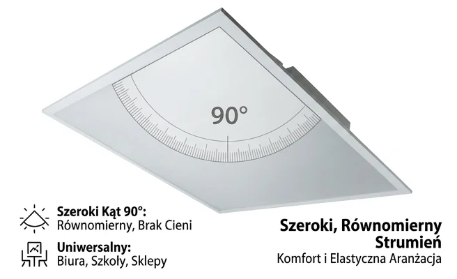 Panel LED EC61501 90°, oznaczenie kąta świecenia na kwadratowym panelu