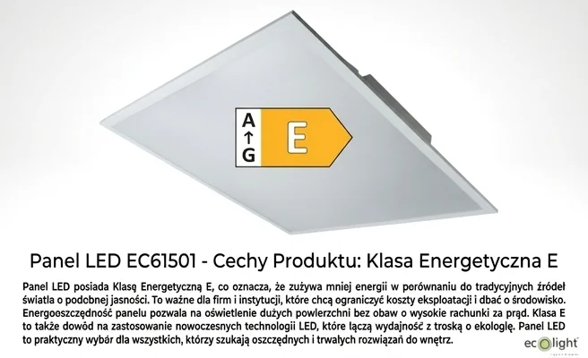 Panel LED EC61501 klasa energetyczna E, oznaczenie klasy na białym panelu