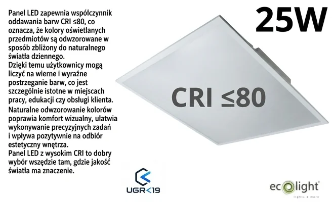 Panel LED EC61501 CRI <=80, oznaczenie współczynnika oddawania barw na panelu