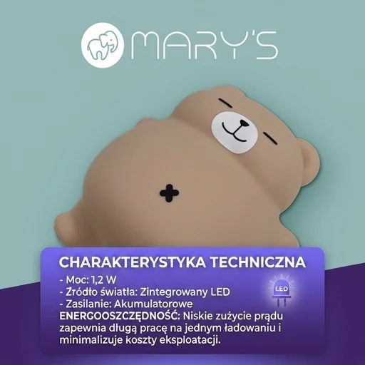 Lampka nocna LED MARY'S Miś Chrapuś MW61641 o mocy 1,2 W, zdjęcie katalogowe z góry