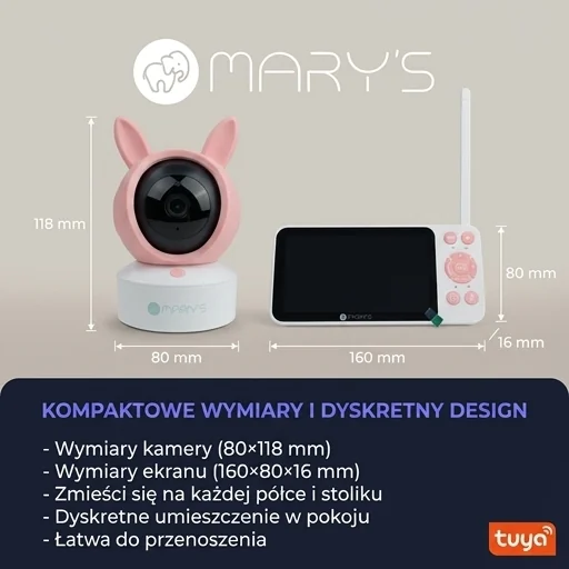 Kompaktowa kamera i ekran LCD MARY'S Nania 2w1 Królik różowy MW61500 z widocznymi wymiarami