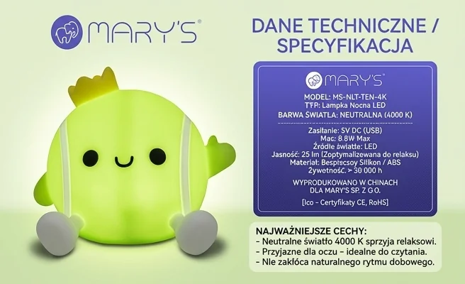 Lampka nocna LED MARY'S Piłka tenisowa MW61493 - realistyczne zdjęcie produktu świecącego neutralnym światłem 4000 K