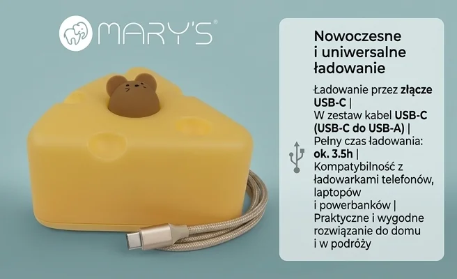 Lampka LED MARY'S Serek z myszką MW61491 z kablem USB-C, realistyczna fotografia produktowa