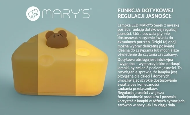 Lampka LED MARY'S Serek z myszką MW61491 z efektem regulacji jasności, realistyczna fotografia produktowa
