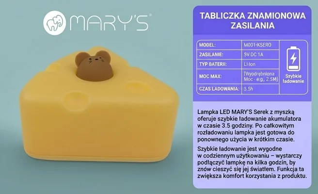 Lampka LED MARY'S Serek z myszką MW61491 z szybkim ładowaniem 3,5 godziny, realistyczna fotografia produktowa
