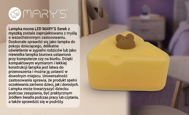 Lampka nocna LED MARY'S Serek z myszką MW61491 uniwersalna do różnych pomieszczeń, realistyczna fotografia produktowa