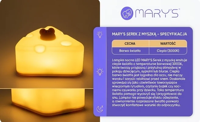 Lampka nocna LED MARY'S Serek z myszką MW61491 emitująca ciepłe światło 3000K, realistyczna fotografia produktowa