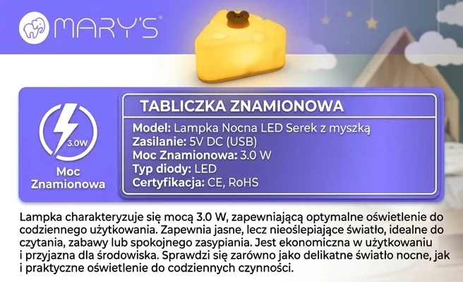 Lampka nocna LED MARY'S Serek z myszką MW61491 o mocy 3.0 W, realistyczna fotografia produktowa