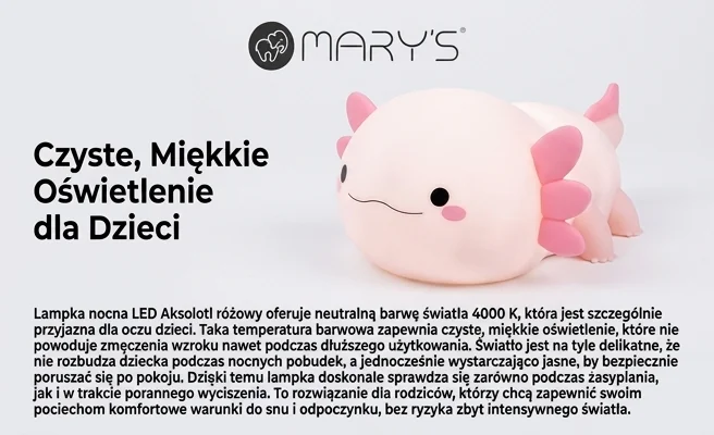 Lampka nocna LED Aksolotl różowy MW61489 świecąca neutralnym światłem 4000 K, zdjęcie produktowe