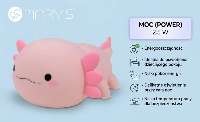 Lampka nocna LED Aksolotl różowy MW61489 z oznaczeniem mocy 2.5 W, zdjęcie produktowe