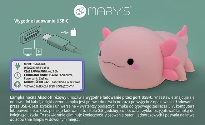 Lampka nocna LED Aksolotl różowy MW61489 z symbolem ładowania USB-C, zdjęcie produktowe