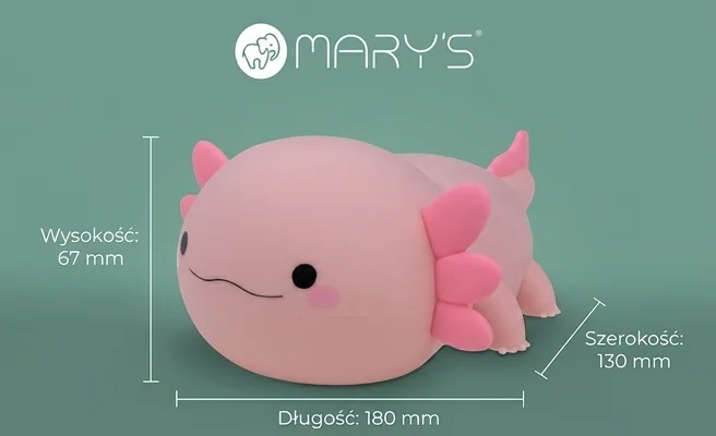Lampka nocna LED Aksolotl różowy MARY'S MW61489, realistyczne zdjęcie produktowe na zielonym tle, widoczne wymiary: długość 180 mm, szerokość 130 mm, wysokość 67 mm