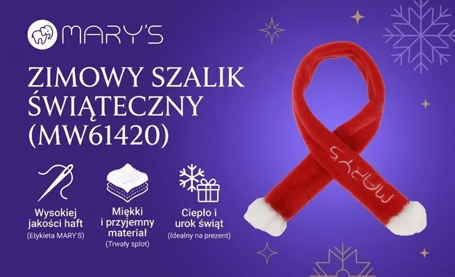 MARY'S Szaliczek Mikołaja czerwony MW61420 - realistyczna fotografia produktu skrzyżowanego na kształt wstążki, widoczne logo i haftowany napis na zielonym tle, zdjęcie katalogowe z wymiarami