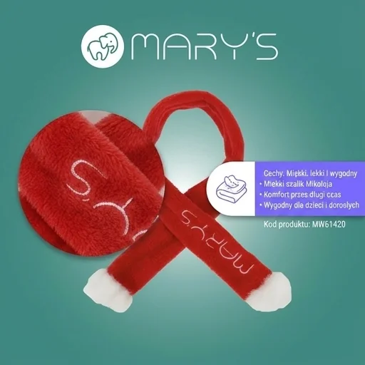 MARY'S Szaliczek Mikołaja czerwony MW61420 - miękki szalik świąteczny, detal materiału na zielonym tle