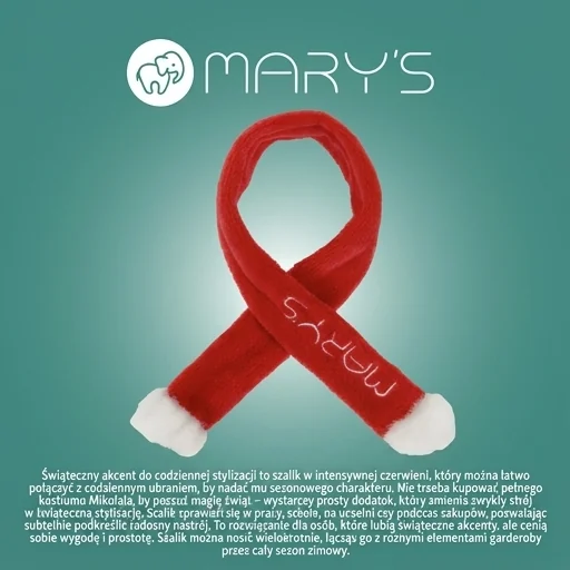MARY'S Szaliczek Mikołaja czerwony MW61420 - świąteczny akcent do codziennej stylizacji, zdjęcie szalika na zielonym tle