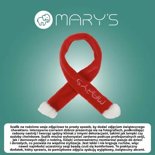 MARY'S Szaliczek Mikołaja czerwony MW61420 - szalik na rodzinne sesje zdjęciowe, realistyczne zdjęcie produktu na zielonym tle