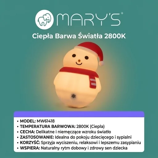 MARY'S lampka nocna LED Bałwan MW61418 - ciepłe światło 2800K, zdjęcie produktowe
