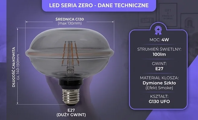 Żarówka LED z dymionym kloszem szklanym SERIA ZERO SZ61362 na białym tle, detal szkła
