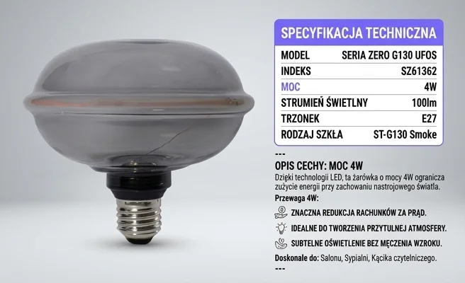 Żarówka LED 4W SERIA ZERO SZ61362 na białym tle, widoczna cała, z boku pod lekkim kątem