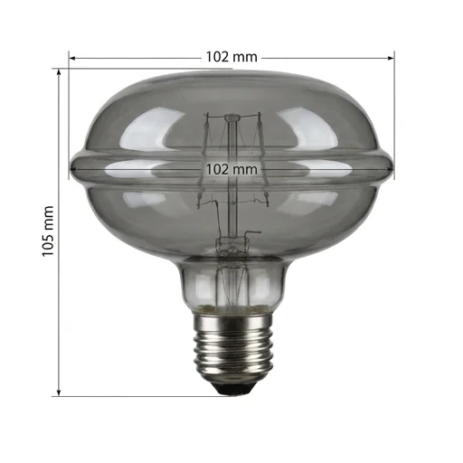 Żarówka LED SERIA ZERO 4W 100lm E27 G103 Smoke SZ61360 na białym tle, widok z przodu i lekko z boku, wyraźny klosz ze szkła dymionego, wymiary 102x102x105 mm