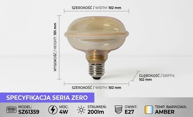 Żarówka LED SERIA ZERO 4W 200lm E27 G103 Amber SZ61359 na białym tle, widok z boku, z widocznymi wymiarami długość 102 mm, szerokość 102 mm, wysokość 105 mm