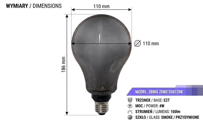 Żarówka LED SERIA ZERO 4W 100lm E27 A110 Smoke SZ61358 - duży klosz z dymionego szkła, widok na wprost, wymiary 110x110x186 mm, białe tło