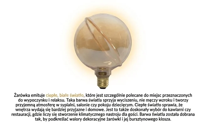 Żarówka LED SERIA ZERO SZ61355, ciepła barwa światła, bursztynowa kula z gwintem E27 na białym tle