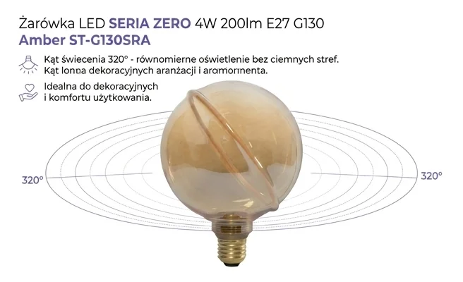 Żarówka LED SERIA ZERO SZ61355, szeroki kąt świecenia 320 stopni, bursztynowa kula z gwintem E27 na białym tle