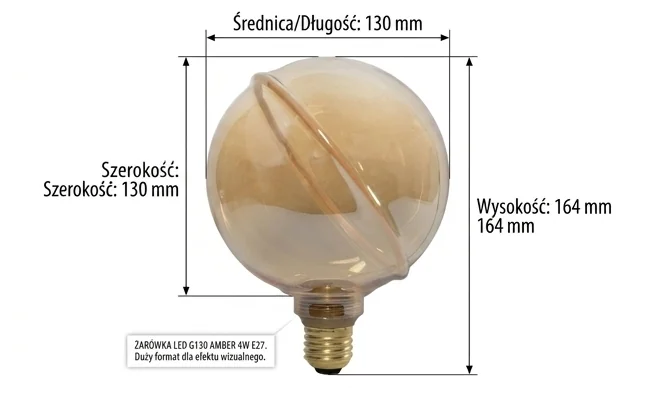 Żarówka LED SERIA ZERO SZ61355, wymiary 130x130x164 mm, bursztynowa kula z gwintem E27 na białym tle