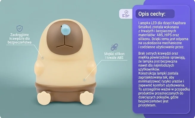 Lampka LED dla dzieci Kapibara Smarkuś MW61421 z bezpieczną konstrukcją, zdjęcie produktowe