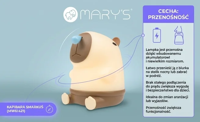 Lampka nocna przenośna Kapibara Smarkuś MW61421 do pokoju dziecięcego, zdjęcie produktowe