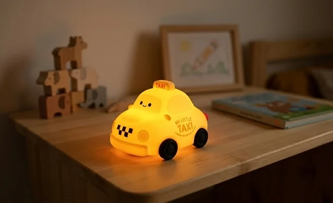 MARY'S Lampka nocna LED Taxi MW61413 - realistyczne zdjęcie produktu w kształcie żółtej taksówki z widocznymi wymiarami: długość 93 mm, wysokość 81 mm, szerokość 124 mm, na jasnym tle