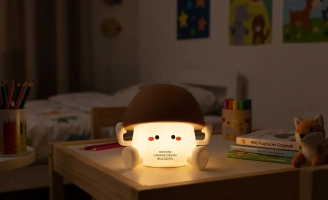 MARY'S lampka nocna LED Grzybek MW61410 - zdjęcie produktowe na jasnoniebieskim tle z widocznymi wymiarami: długość 102 mm, szerokość 122 mm, wysokość 103 mm