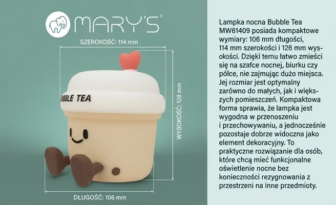 Lampka nocna LED Bubble Tea MW61409 - kompaktowe wymiary 106x114x126 mm, beżowa lampka na jasnym tle