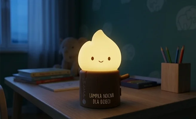 MARY'S lampka nocna LED Mini płomyczek MW61408 - realistyczna fotografia produktu z widocznymi wymiarami: długość 63 mm, szerokość 74 mm, wysokość 110 mm, na neutralnym tle