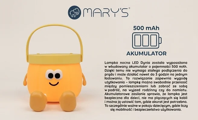 Lampka nocna LED Dynia MARY'S MW61407 z symbolem akumulatora 500 mAh, zdjęcie produktowe, kod produktu MW61407.