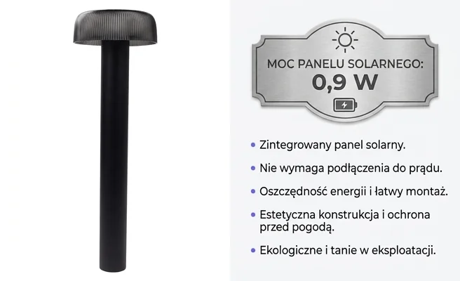 Solarny słupek ogrodowy LED SSO-7BD EC61345 z panelem solarnym 0,9 W, zdjęcie produktowe