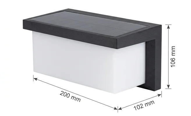 Kompaktowa solarna oprawa elewacyjna LED z łatwym montażem SOE-12 EC61337 ECO LIGHT, widok z boku z wymiarami na białym tle