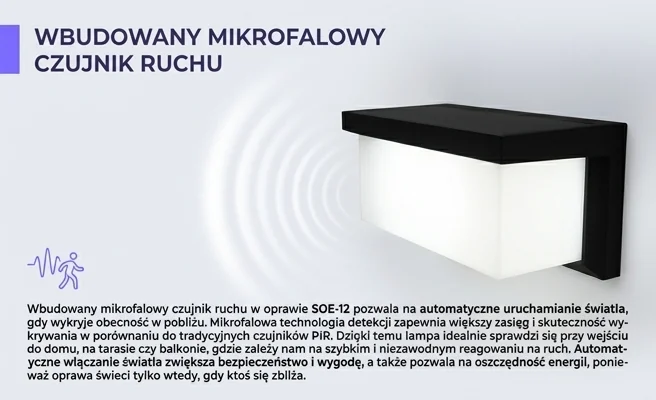 Solarna oprawa elewacyjna LED z mikrofalowym czujnikiem ruchu SOE-12 EC61337 ECO LIGHT, widok z boku na jasnym tle