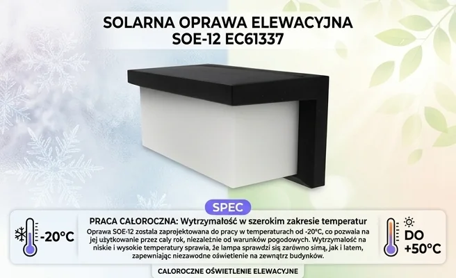 Solarna oprawa elewacyjna LED do pracy w szerokim zakresie temperatur SOE-12 EC61337 ECO LIGHT, widok z boku na białym tle z motywem zimy i lata