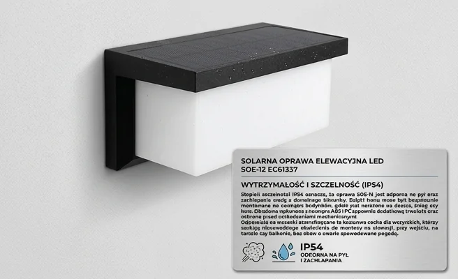 Solarna oprawa elewacyjna LED odporna na warunki atmosferyczne IP54 SOE-12 EC61337 ECO LIGHT, widok z boku z kroplami wody na białym tle